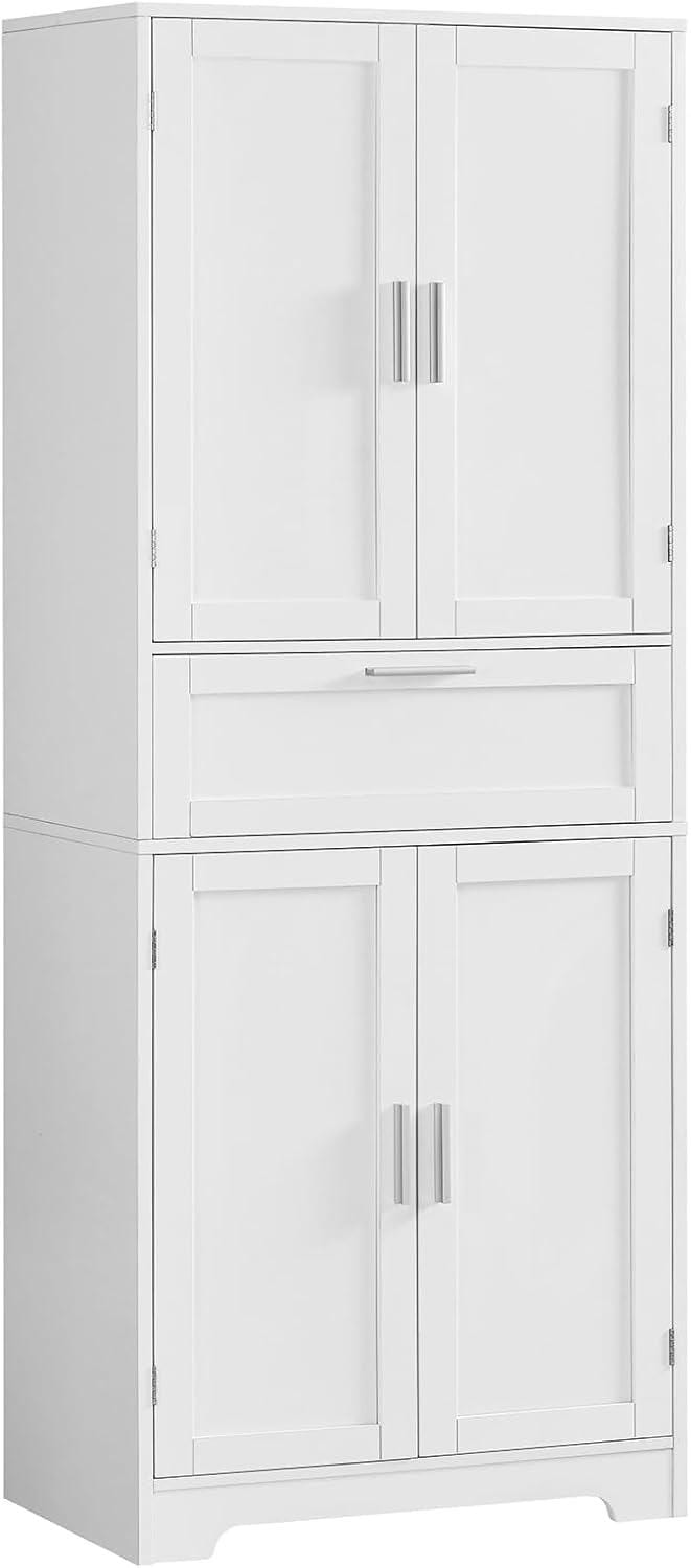 Tall White Storage Cabinet, Modern Minimalist Pantry Cupboard, Adjustable Shelves, Drawer