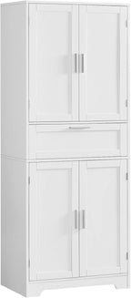 Tall White Storage Cabinet, Modern Minimalist Pantry Cupboard, Adjustable Shelves, Drawer