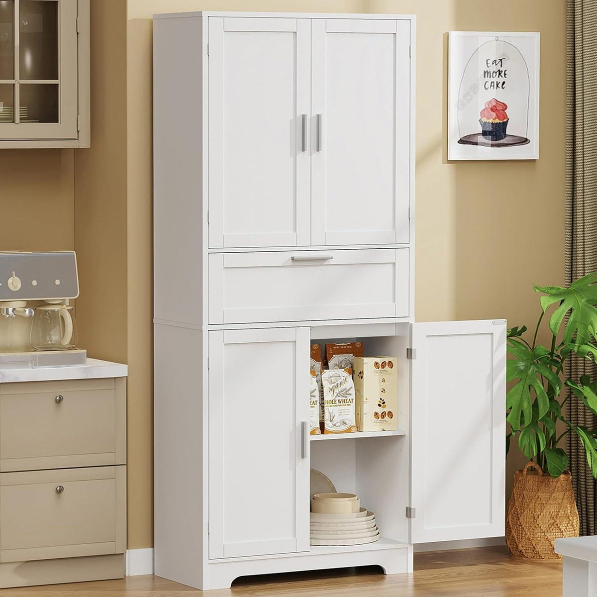 Tall White Storage Cabinet, Modern Minimalist Pantry Cupboard, Adjustable Shelves, Drawer