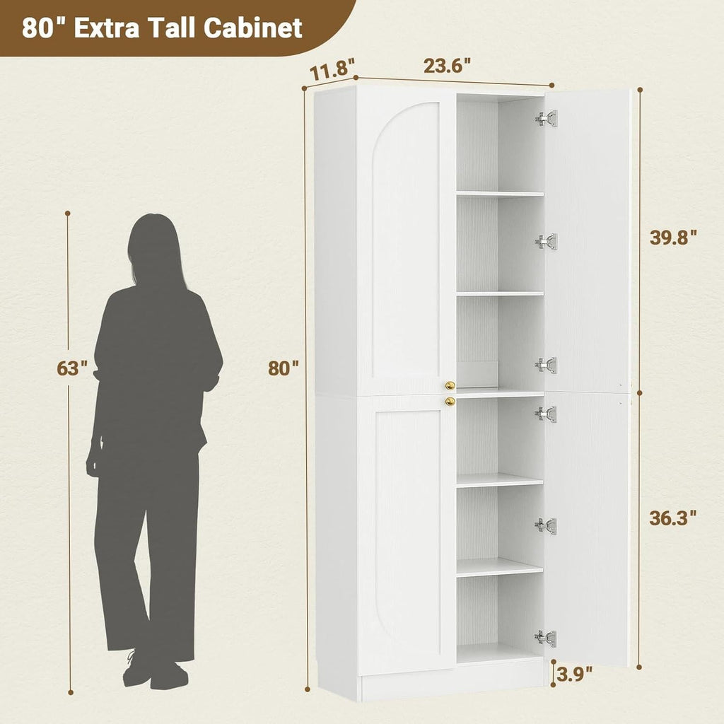 80" Tall Farmhouse Pantry Cabinet, Arched Doors, Freestanding Kitchen Storage Organizer