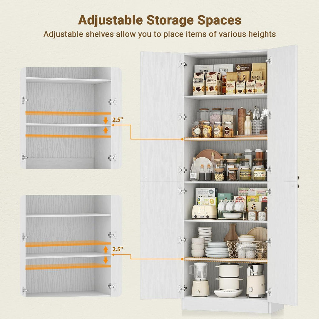 80" Tall Farmhouse Pantry Cabinet, Arched Doors, Freestanding Kitchen Storage Organizer