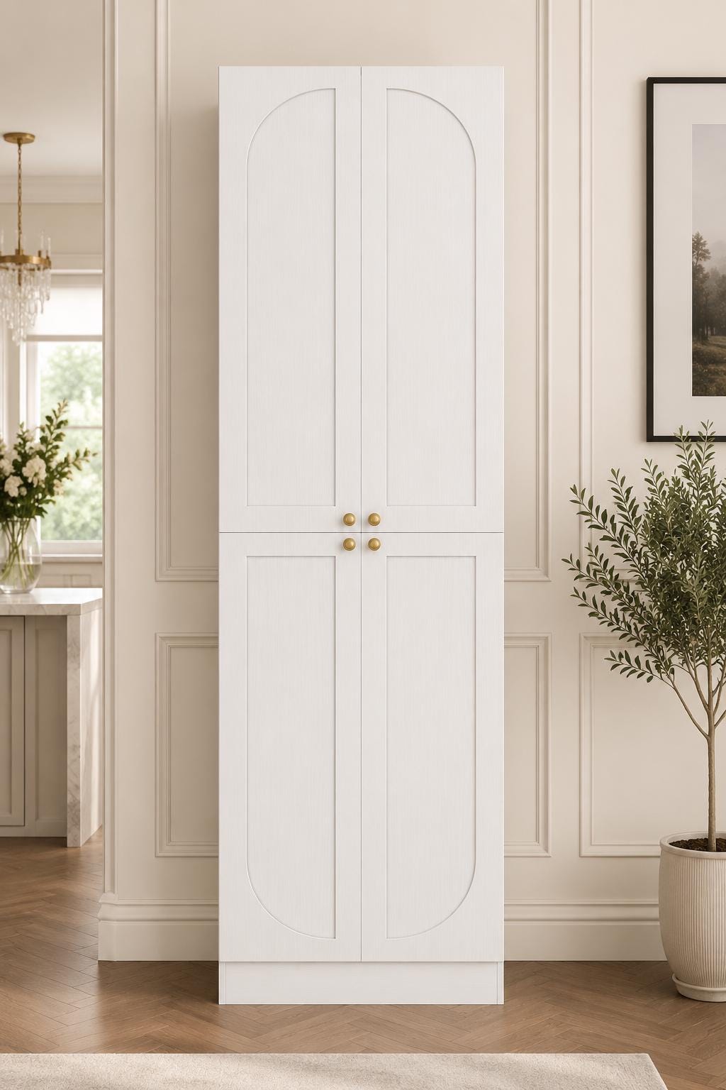 80" Tall Farmhouse Pantry Cabinet, Arched Doors, Freestanding Kitchen Storage Organizer