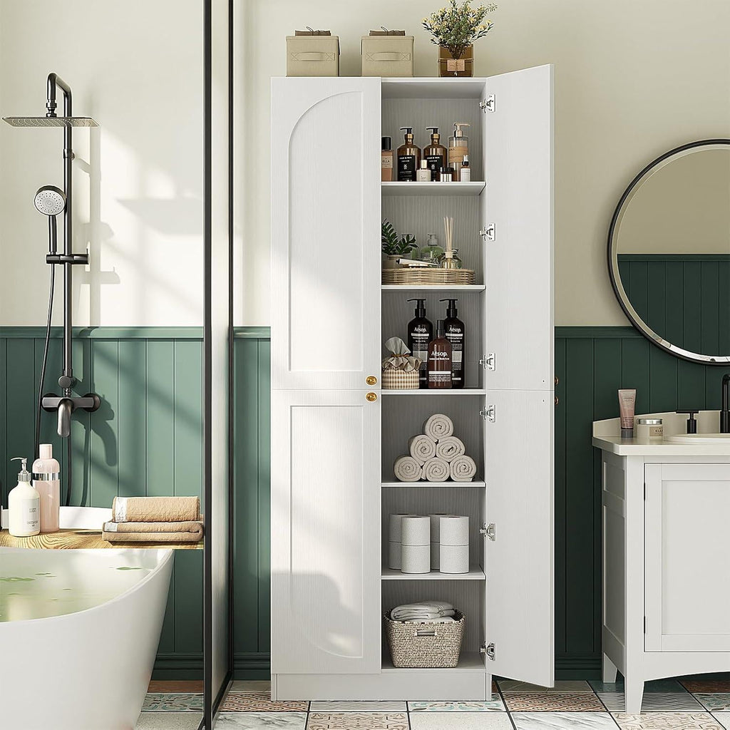 80" Tall Farmhouse Pantry Cabinet, Arched Doors, Freestanding Kitchen Storage Organizer