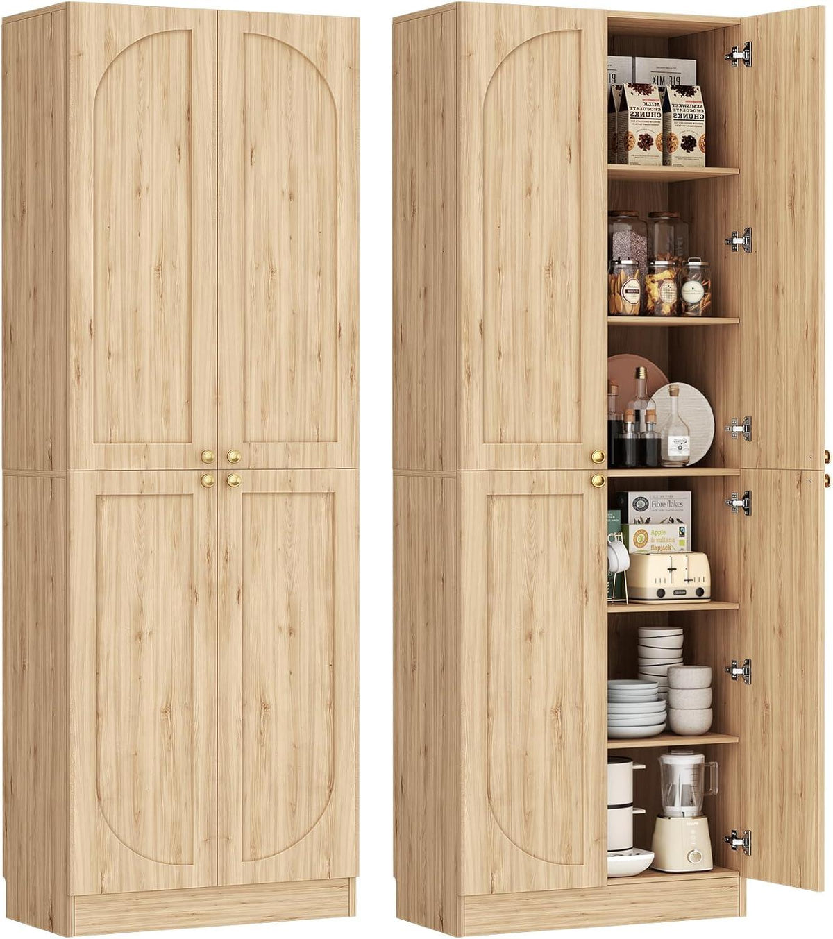 80" Tall Farmhouse Pantry Cabinet, Arched Doors, Freestanding Kitchen Storage Organizer