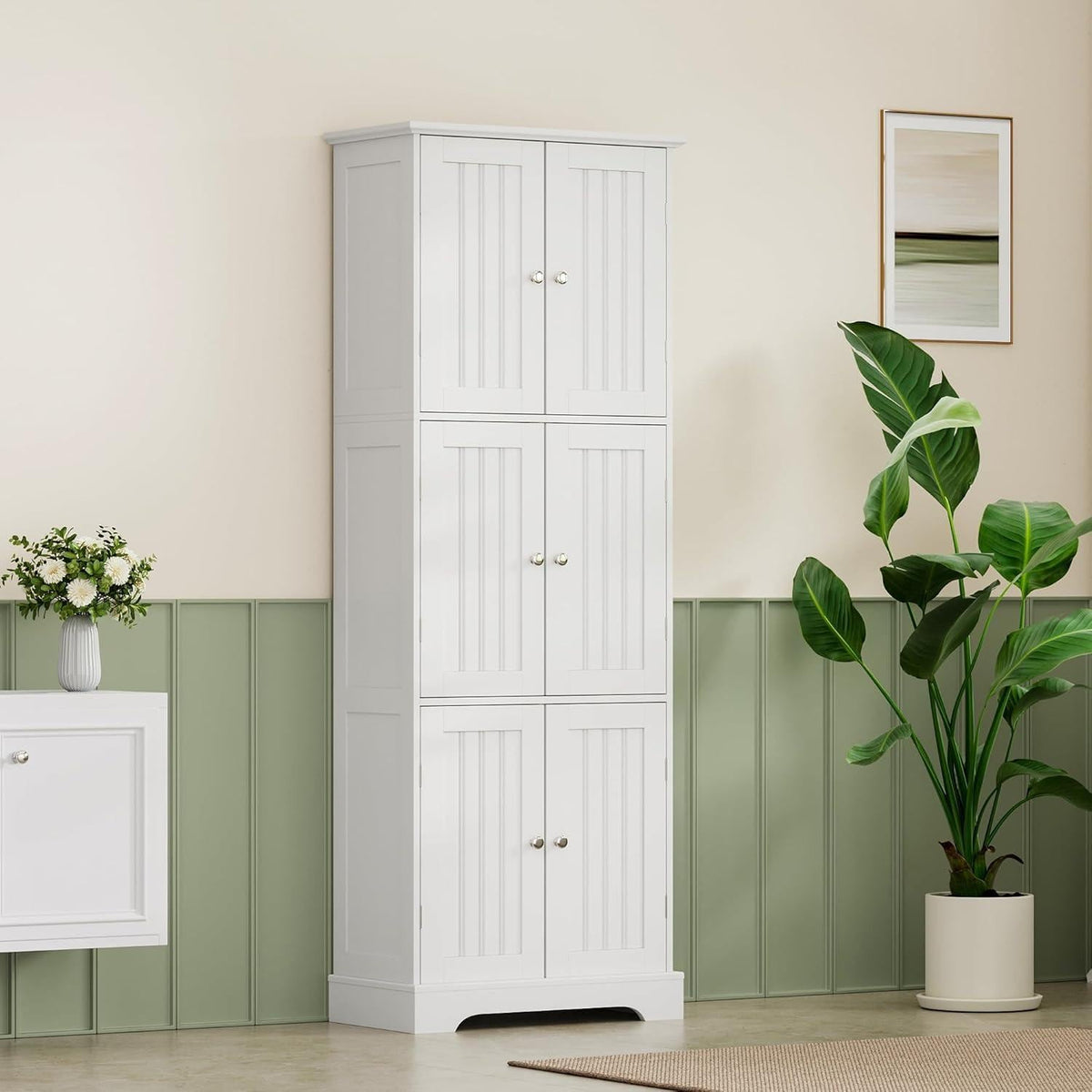 ChooChoo Tall Bathroom Storage Cabinet with 6 Doors & Adjustable Shelves, White Freestanding Pantry Cabinet