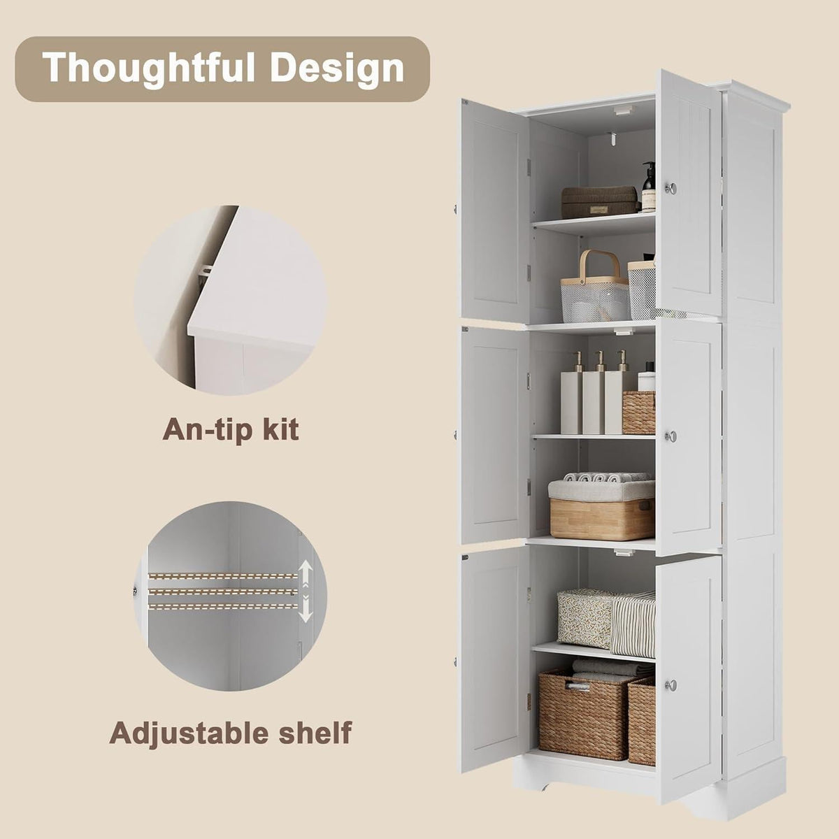 ChooChoo Tall Bathroom Storage Cabinet with 6 Doors & Adjustable Shelves, White Freestanding Pantry Cabinet