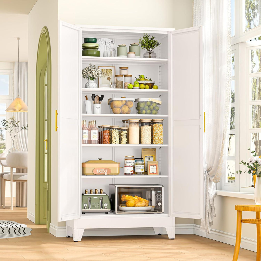 Tall White Steel Storage Cabinet, 2 Doors, 5 Adjustable Shelves
