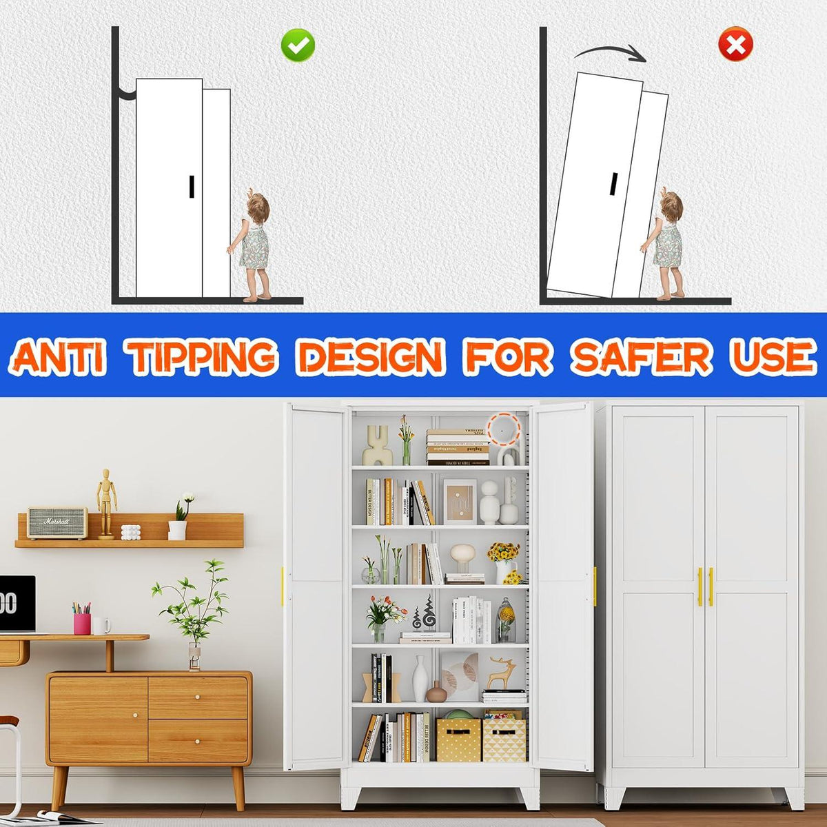 Tall White Steel Storage Cabinet, 2 Doors, 5 Adjustable Shelves