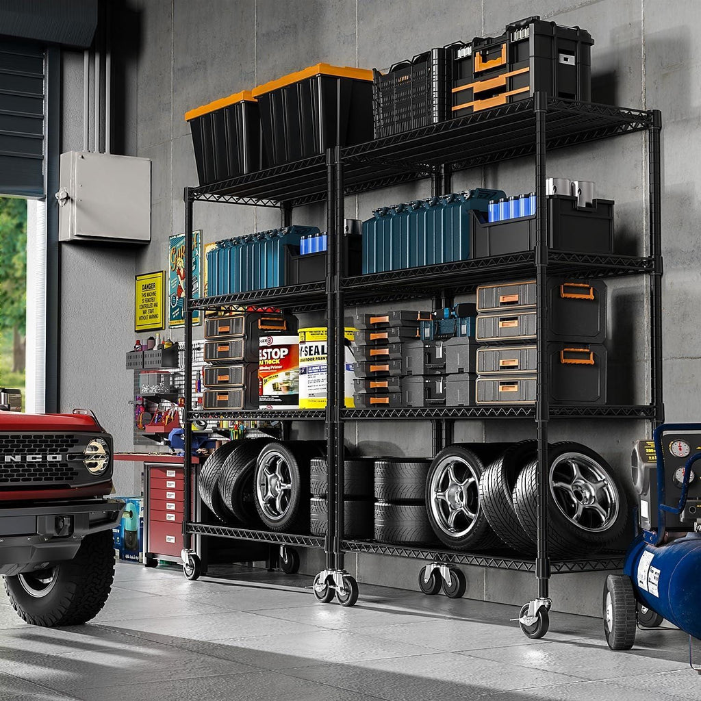 Heavy Duty Carbon Steel Shelving Unit with Wheels, Adjustable Garage Storage Rack