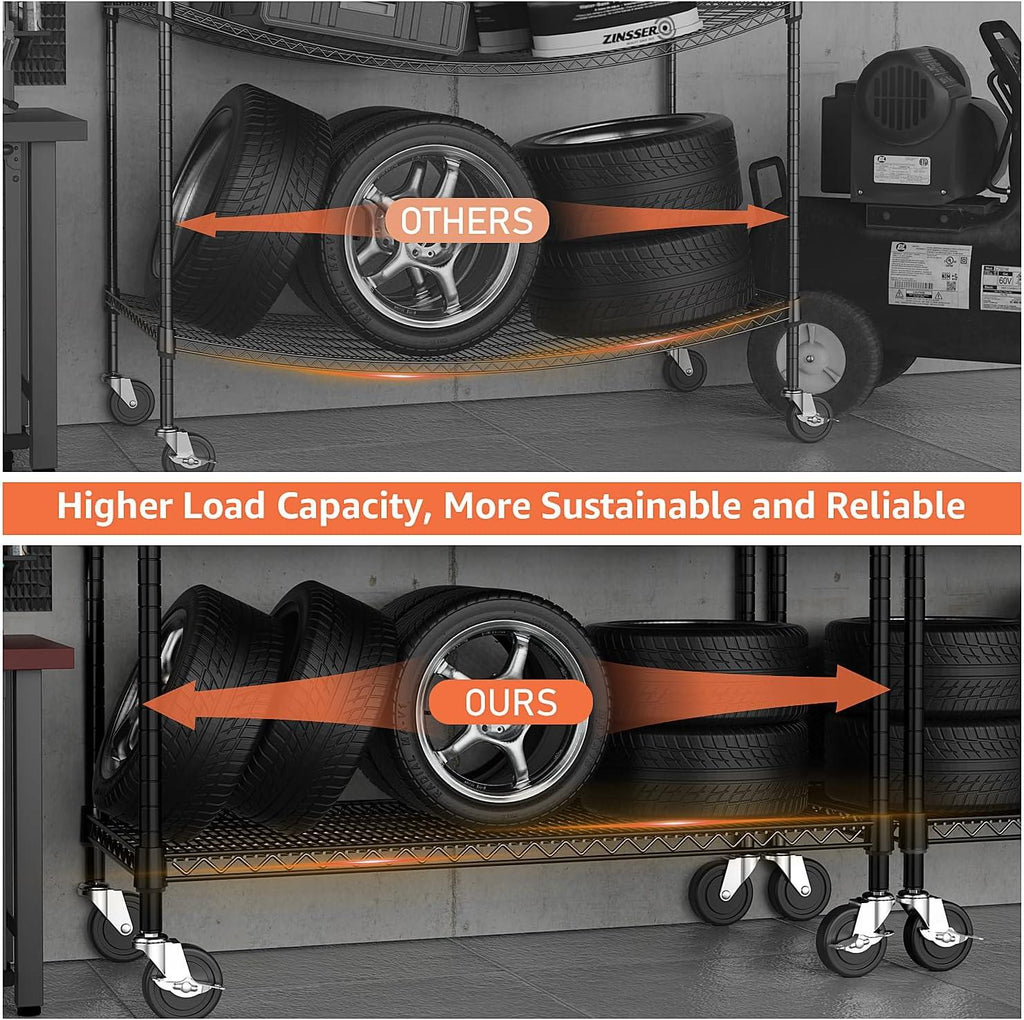 Heavy Duty Carbon Steel Shelving Unit with Wheels, Adjustable Garage Storage Rack