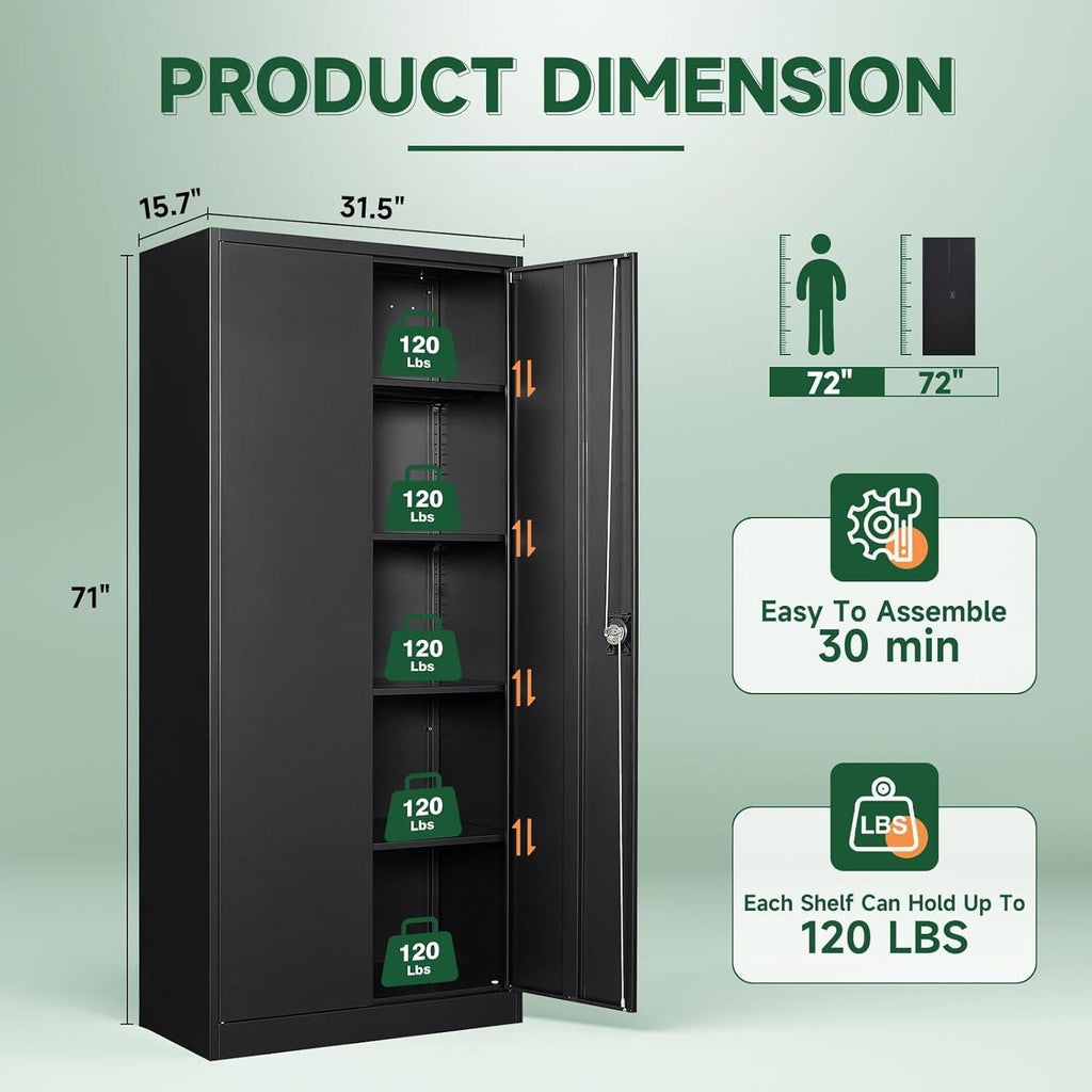 Heavy-Duty Steel Storage Cabinet, Lockable Double Doors, 5 Adjustable Shelves