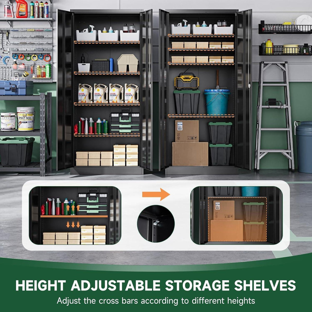 Heavy-Duty Steel Storage Cabinet, Lockable Double Doors, 5 Adjustable Shelves