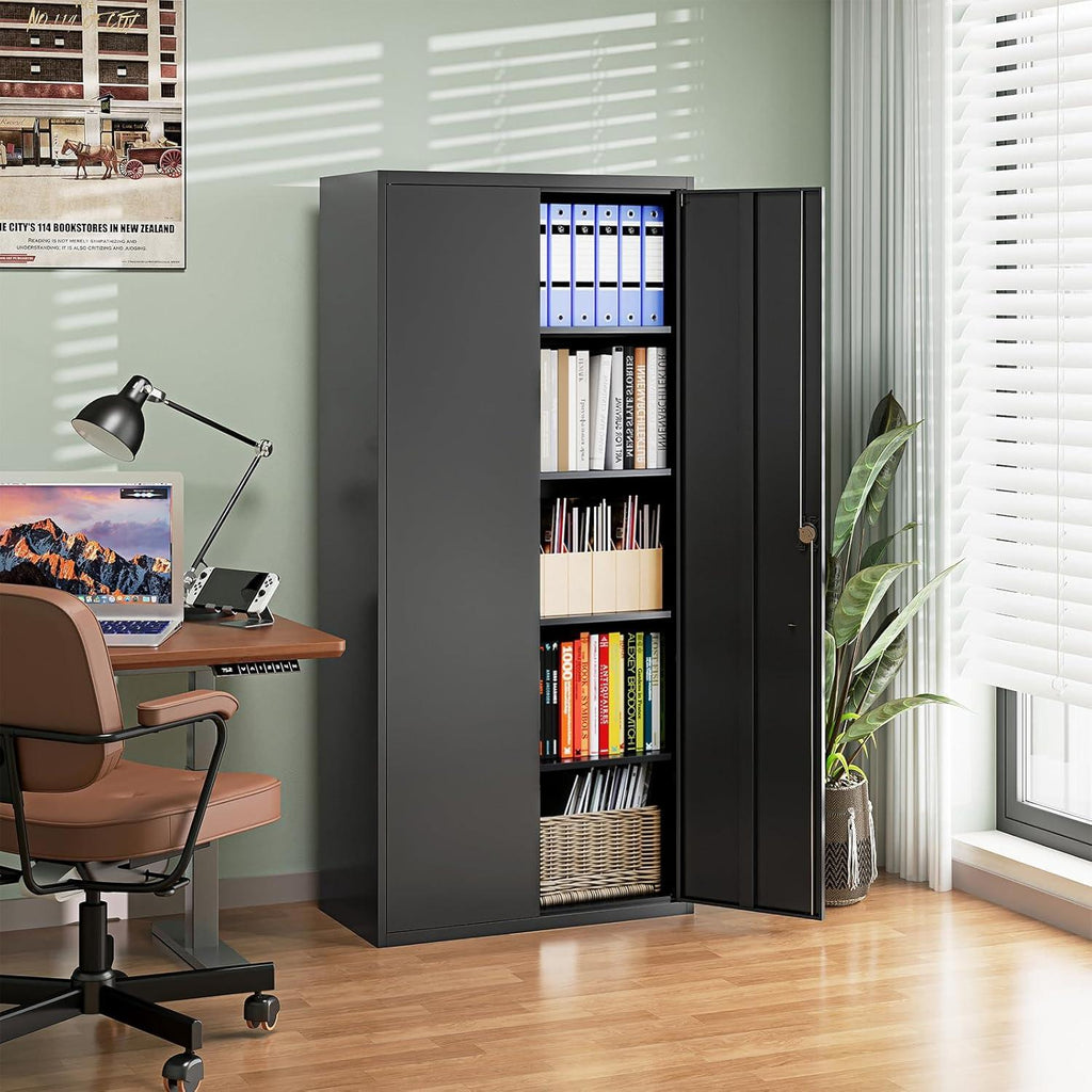 Heavy-Duty Steel Storage Cabinet, Lockable Double Doors, 5 Adjustable Shelves