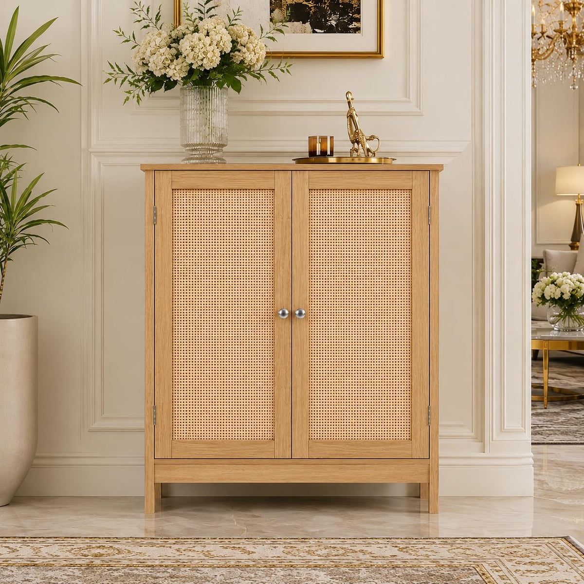 Boho Rattan Storage Cabinet, Farmhouse Accent Buffet, Adjustable Shelves, Entryway Shoe Organizer