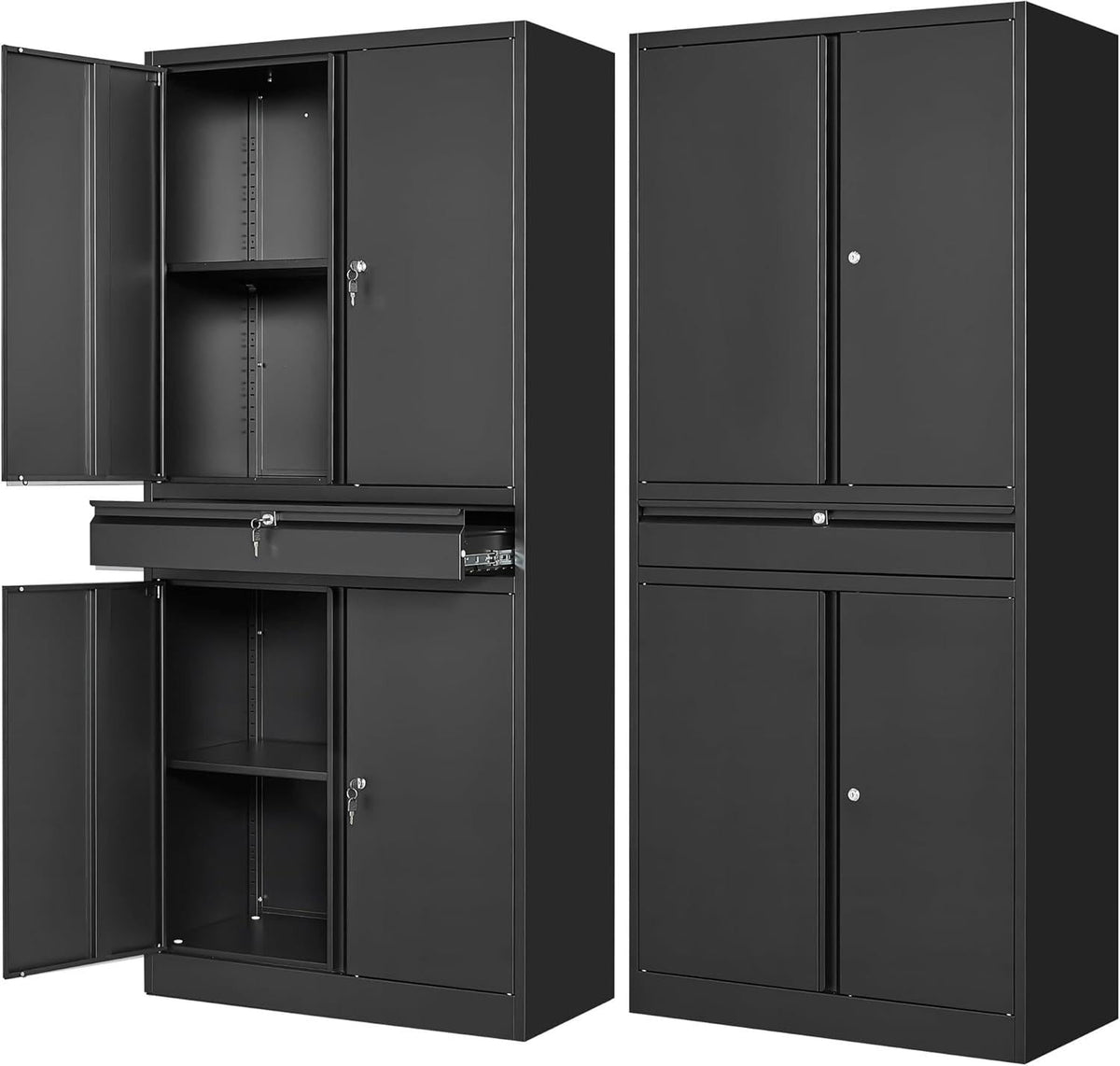 Heavy-Duty Steel Garage Storage Cabinet, 4 Lockable Doors, Sliding Drawer, Adjustable Shelves