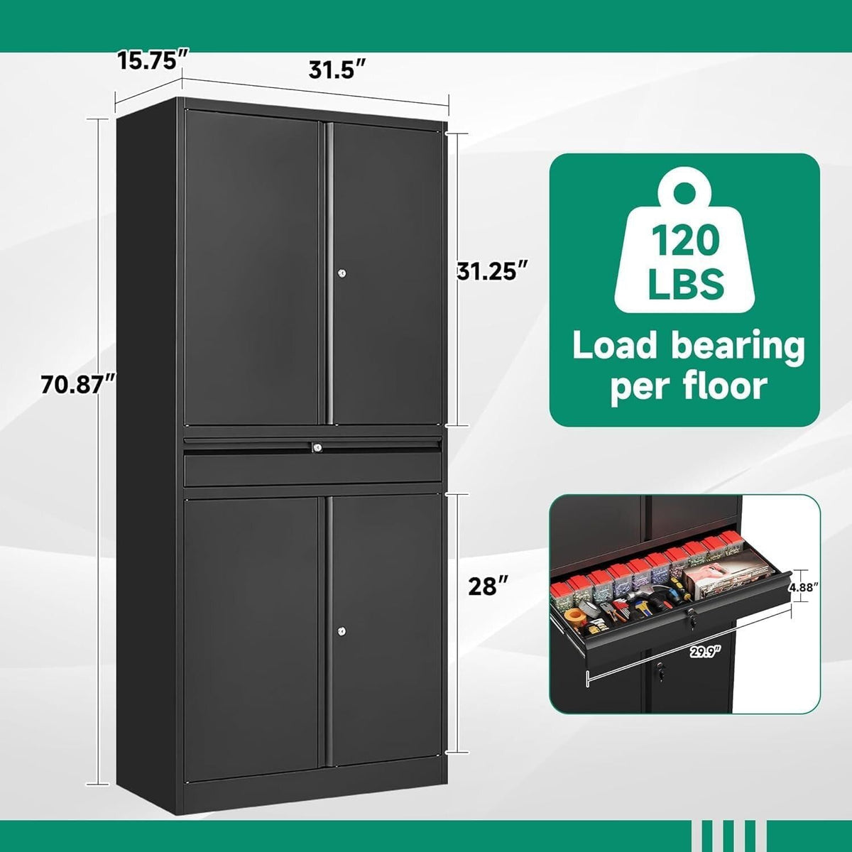 Heavy-Duty Steel Garage Storage Cabinet, 4 Lockable Doors, Sliding Drawer, Adjustable Shelves