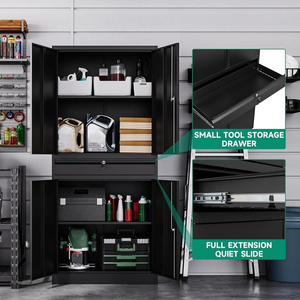 Heavy-Duty Steel Garage Storage Cabinet, 4 Lockable Doors, Sliding Drawer, Adjustable Shelves
