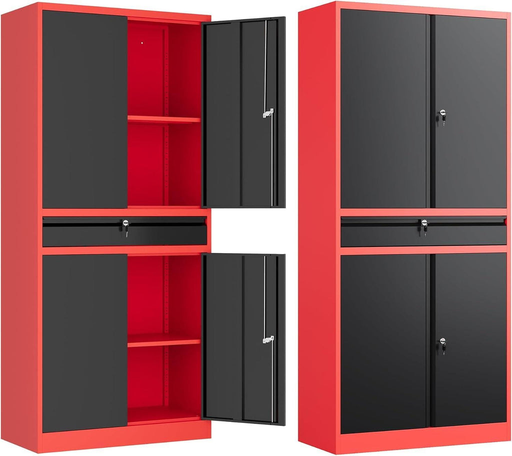 Heavy-Duty Steel Garage Storage Cabinet, 4 Lockable Doors, Sliding Drawer, Adjustable Shelves