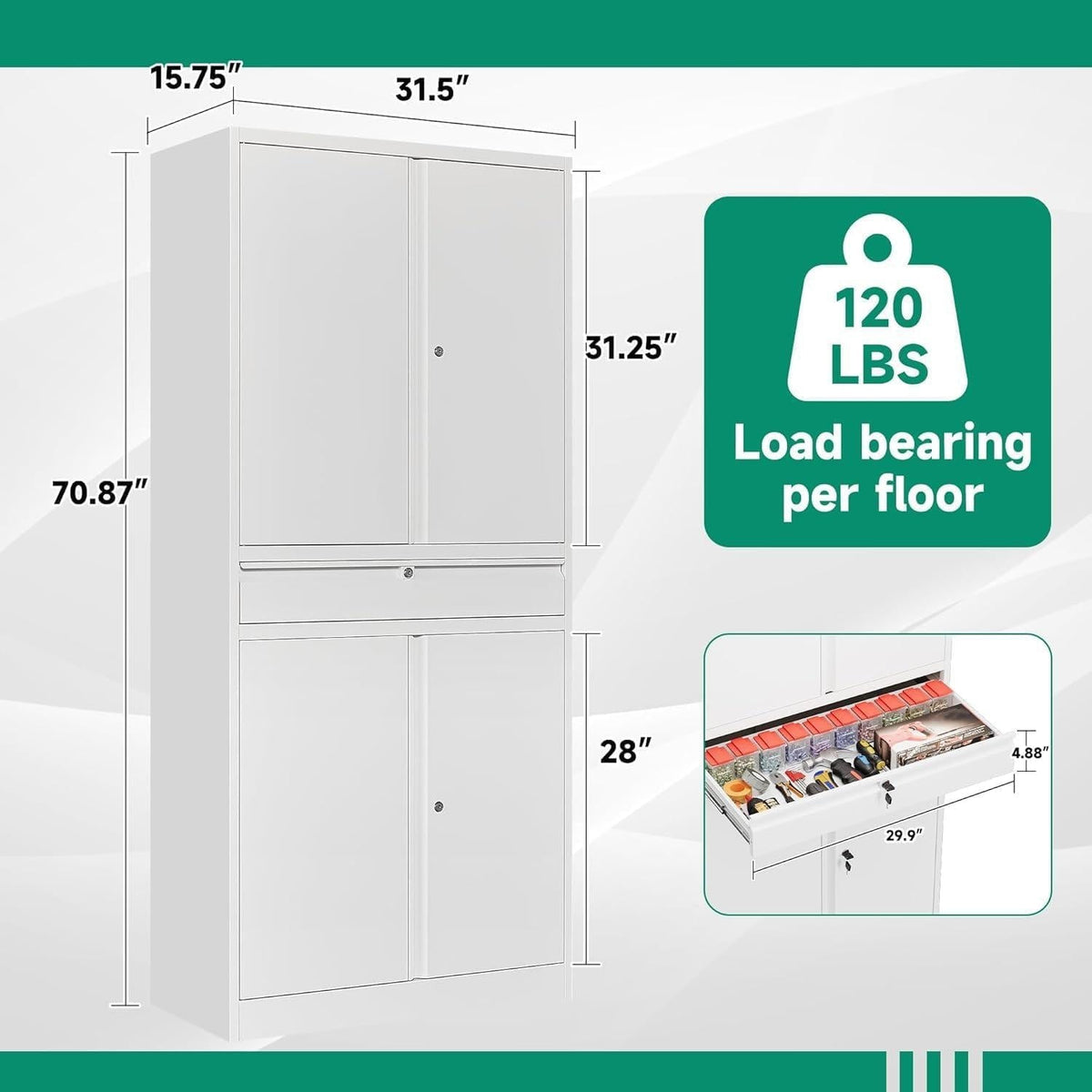 Heavy-Duty Steel Garage Storage Cabinet, 4 Lockable Doors, Sliding Drawer, Adjustable Shelves