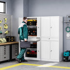 Heavy-Duty Steel Garage Storage Cabinet, 4 Lockable Doors, Sliding Drawer, Adjustable Shelves