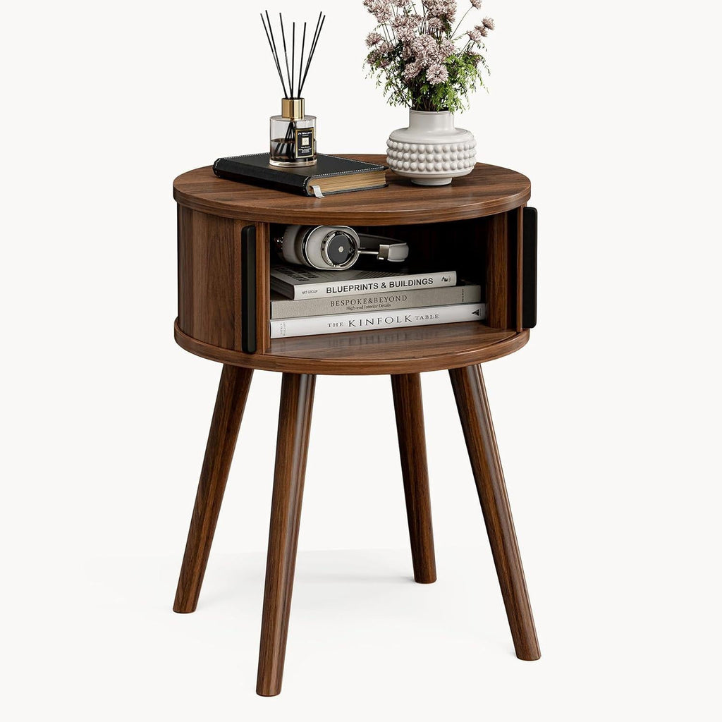 Round Walnut Side Table, Mid-Century Modern Nightstand with Sliding Door Storage
