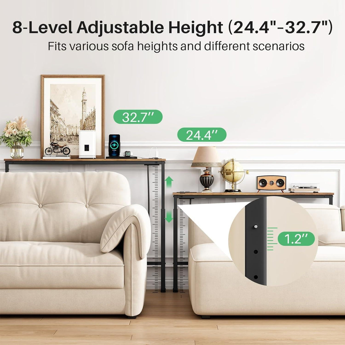 2-Pack Narrow Console Table, Adjustable Height, Rustic Industrial Sofa Table