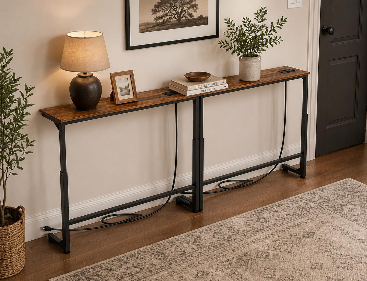 2-Pack Narrow Console Table, Adjustable Height, Rustic Industrial Sofa Table