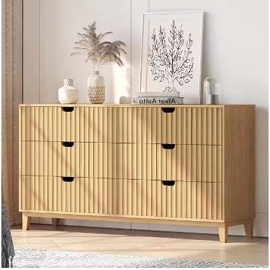 Fluted 6 Drawer Dresser, Farmhouse Wood Chest of Drawers, 58" Wide Storage Unit