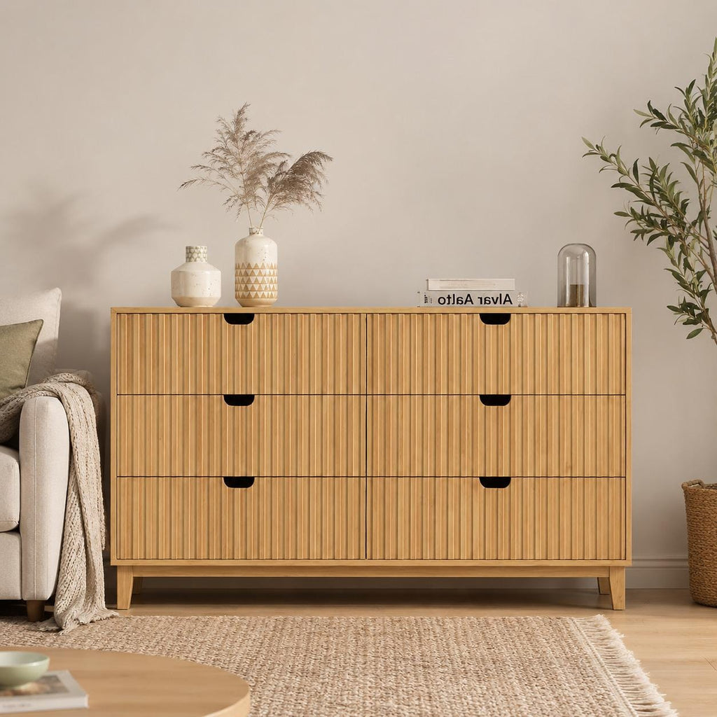 Fluted 6 Drawer Dresser, Farmhouse Wood Chest of Drawers, 58" Wide Storage Unit