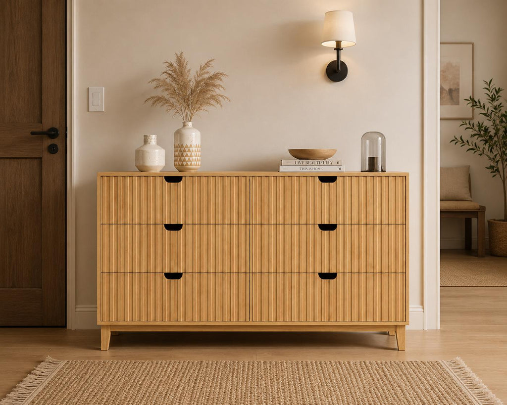 Fluted 6 Drawer Dresser, Farmhouse Wood Chest of Drawers, 58" Wide Storage Unit