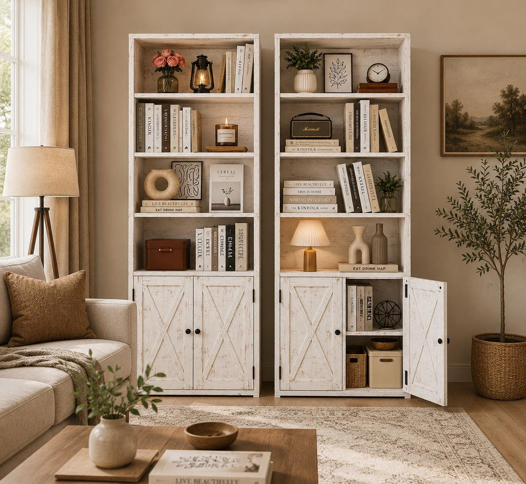 Set of 2 Industrial Bookshelves with Doors, 6-Tier Display Storage Shelving