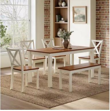 Farmhouse Dining Table Set, Rustic Walnut Wood, 6-Piece Seating for 6
