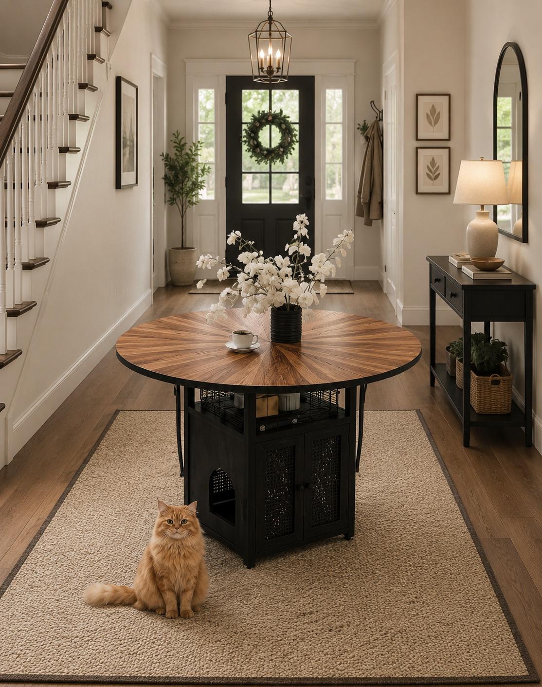 Round Dining Table Set for 4-6, Farmhouse Kitchen Table with Storage Rack