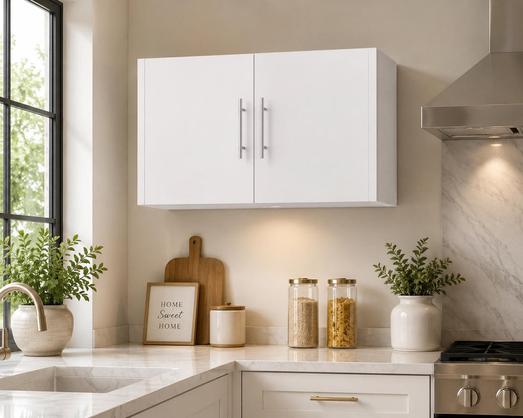 36-Inch White Wall Mounted Storage Cabinet, Double Doors, Soft-Close Hinges, Adjustable Shelf
