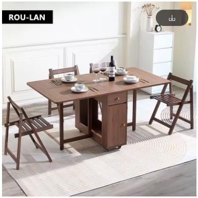 Folding Dining Table with 2 Drawers and 4 Wheels for Living Room,Kitchen, Farmhouse, Space Saving Table