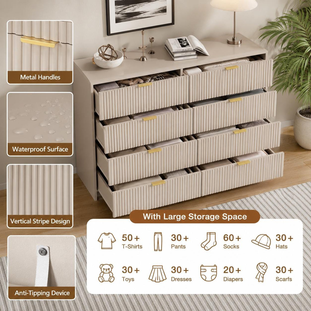 Beige 8-Drawer Dresser | Fluted Gold Handle Storage Chest, Modern Bedroom Furniture