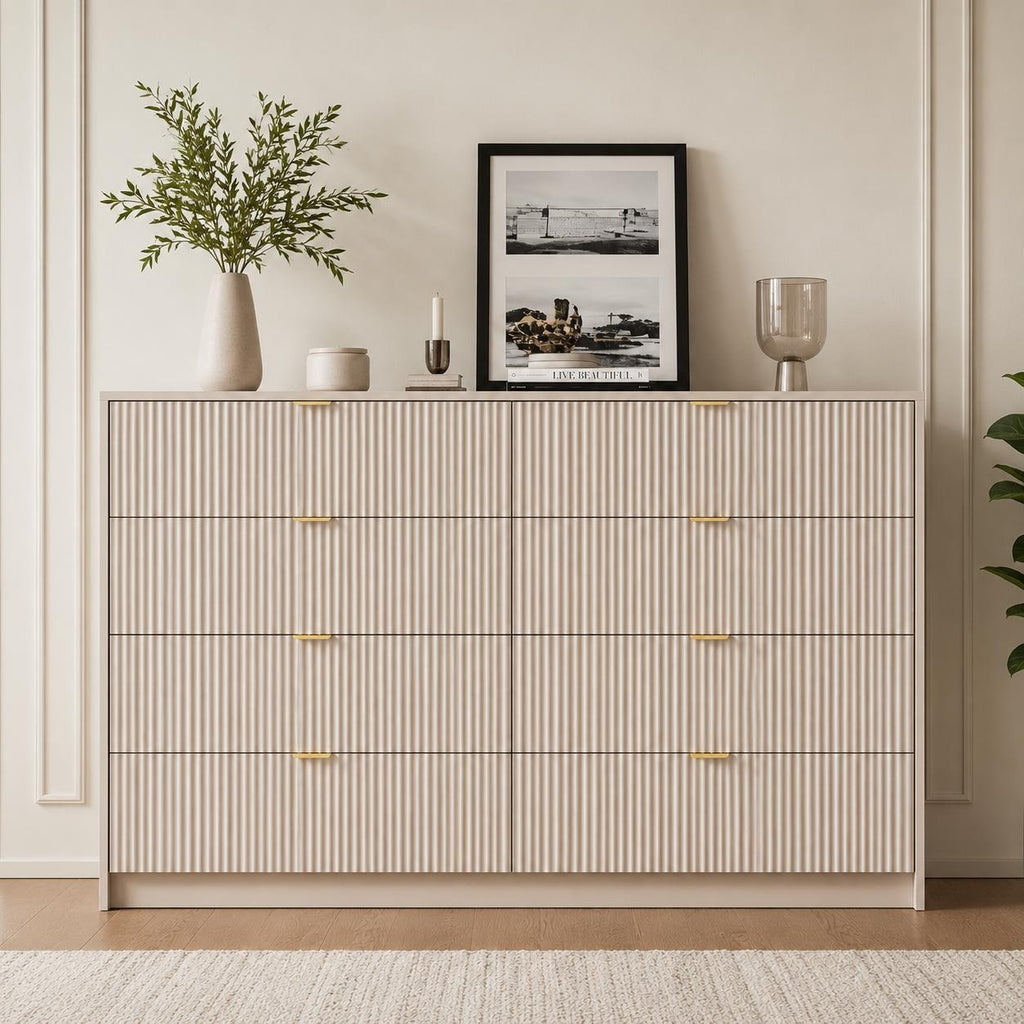 Beige 8-Drawer Dresser | Fluted Gold Handle Storage Chest, Modern Bedroom Furniture