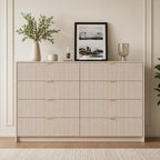 Beige 8-Drawer Dresser | Fluted Gold Handle Storage Chest, Modern Bedroom Furniture
