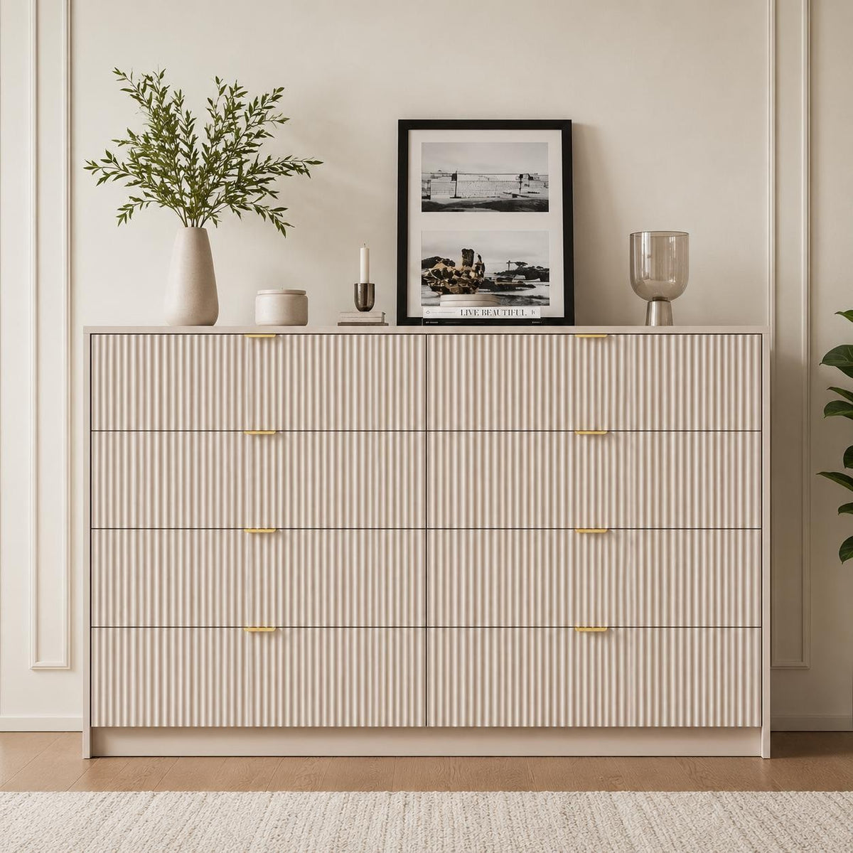 Beige 8-Drawer Dresser | Fluted Gold Handle Storage Chest, Modern Bedroom Furniture