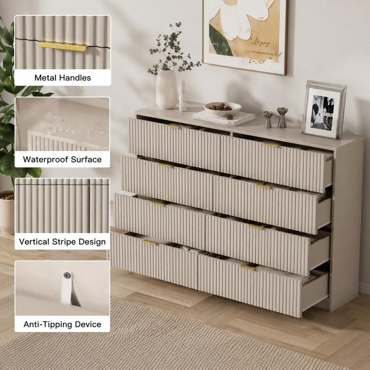 Beige 8-Drawer Dresser | Fluted Gold Handle Storage Chest, Modern Bedroom Furniture