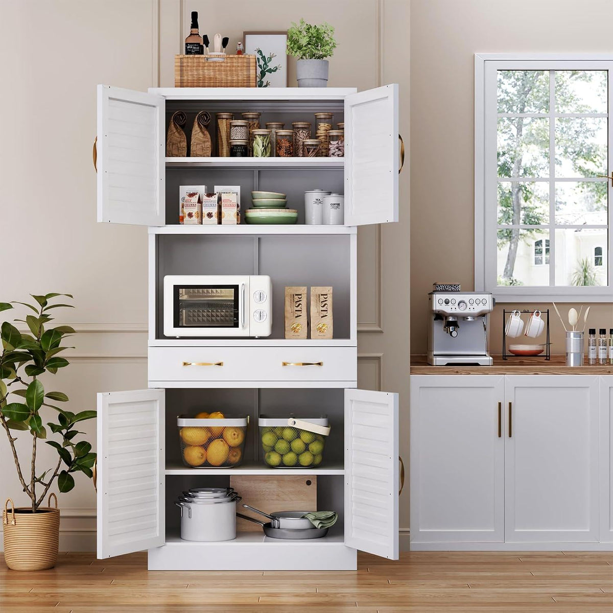 Tall Metal Pantry Cabinet with Adjustable Shelves & Quiet Magnetic Doors - Freestanding Storage Locker