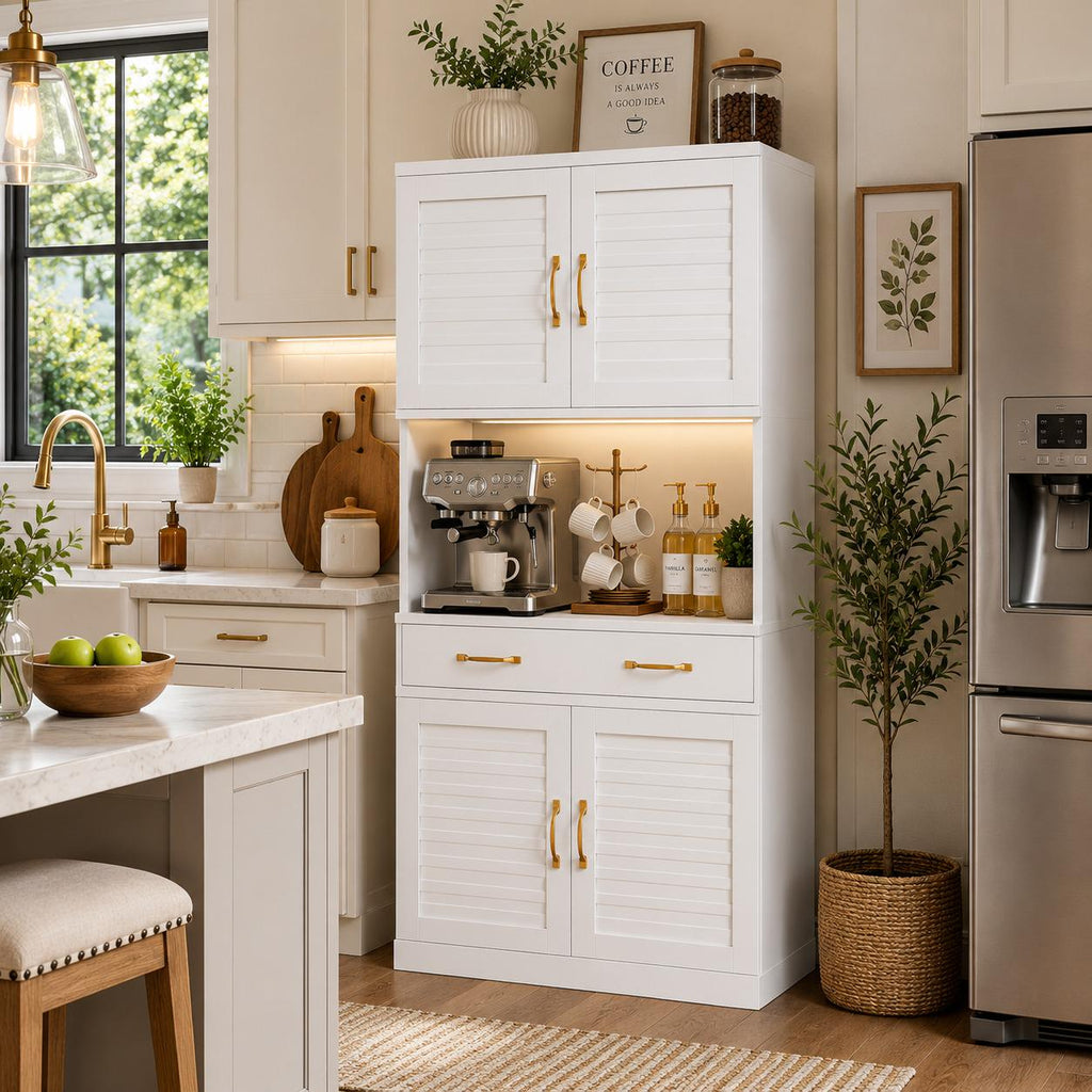 Tall Metal Pantry Cabinet with Adjustable Shelves & Quiet Magnetic Doors - Freestanding Storage Locker