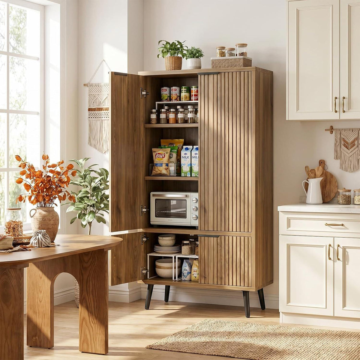 Oak Fluted Tall Pantry Cabinet, Modern Wood Storage, Adjustable Shelves
