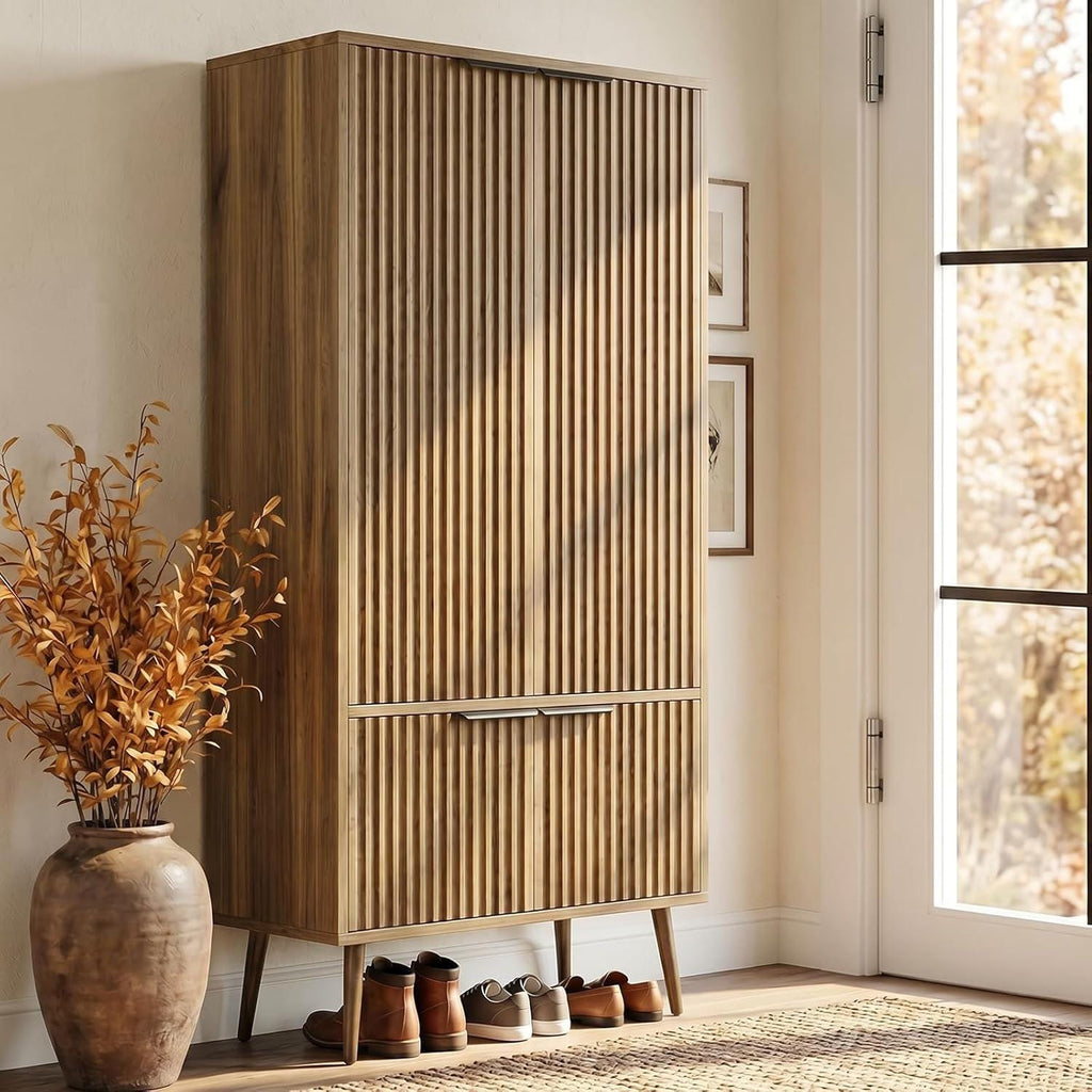 Oak Fluted Tall Pantry Cabinet, Modern Wood Storage, Adjustable Shelves