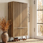 Oak Fluted Tall Pantry Cabinet, Modern Wood Storage, Adjustable Shelves