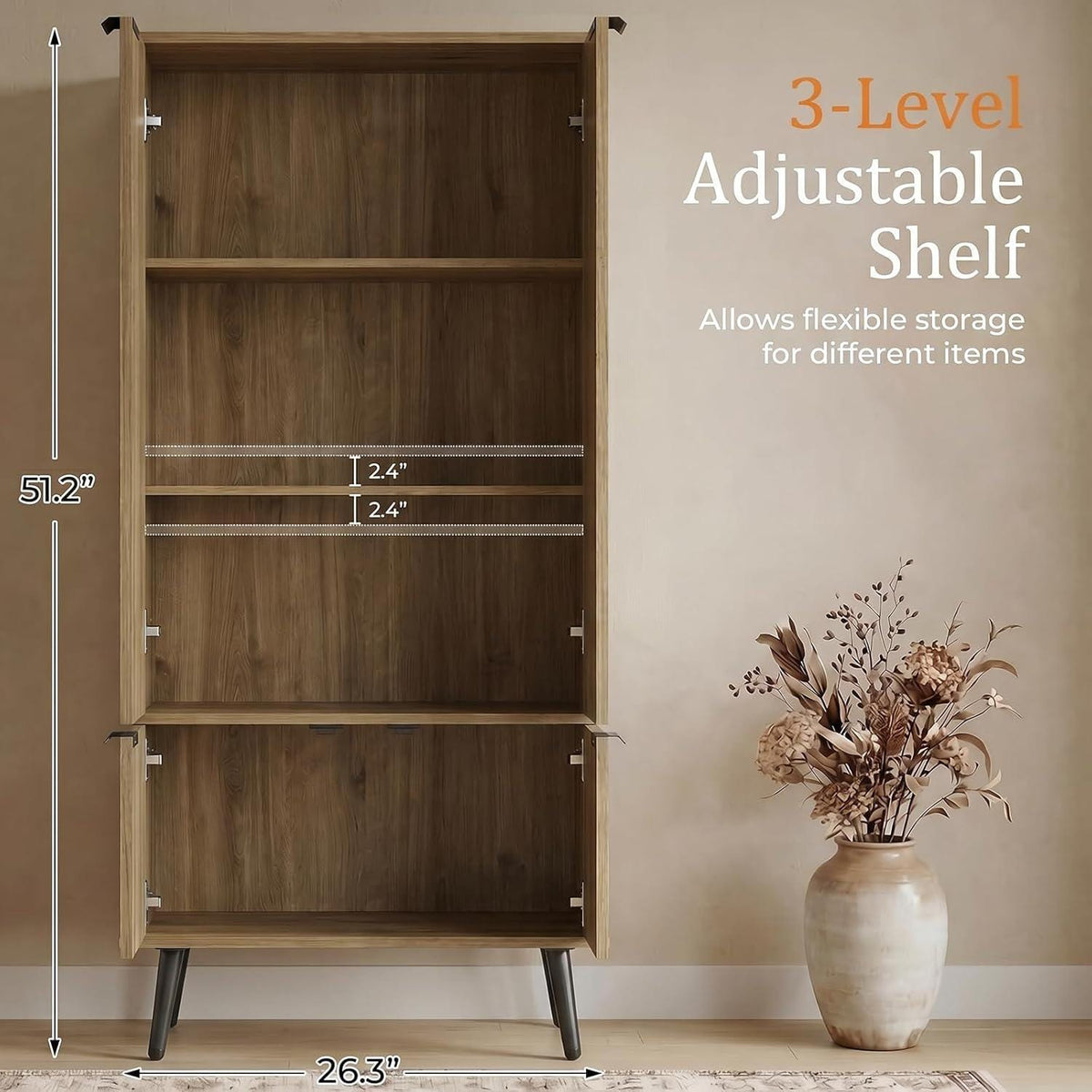 Oak Fluted Tall Pantry Cabinet, Modern Wood Storage, Adjustable Shelves