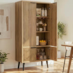Oak Fluted Tall Pantry Cabinet, Modern Wood Storage, Adjustable Shelves