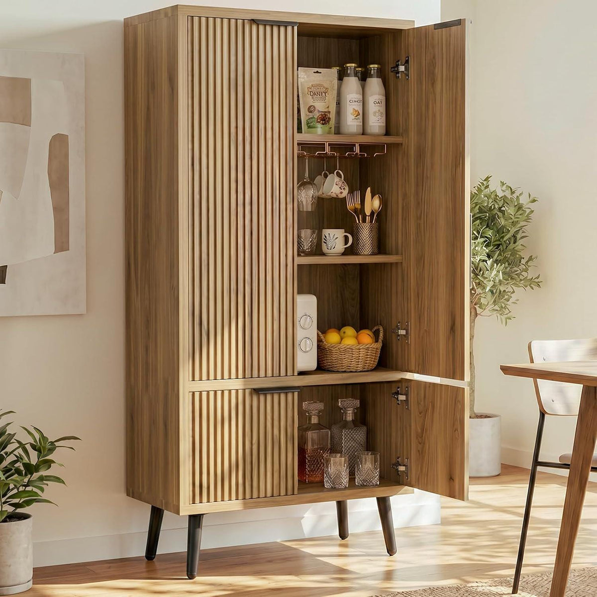 Oak Fluted Tall Pantry Cabinet, Modern Wood Storage, Adjustable Shelves