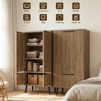 Oak Fluted Tall Pantry Cabinet, Modern Wood Storage, Adjustable Shelves