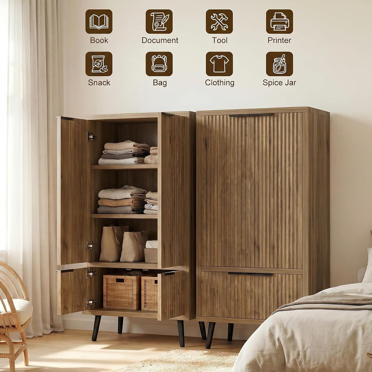 Oak Fluted Tall Pantry Cabinet, Modern Wood Storage, Adjustable Shelves